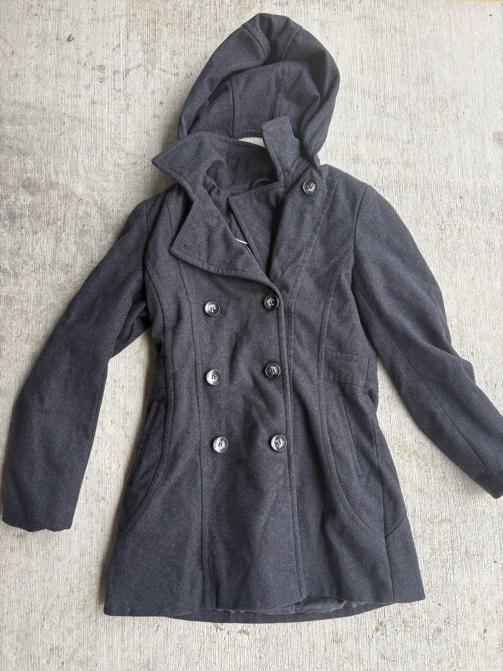 Liz Claiborne Hooded Double-Breasted Pea Coat - Charcoal Gray